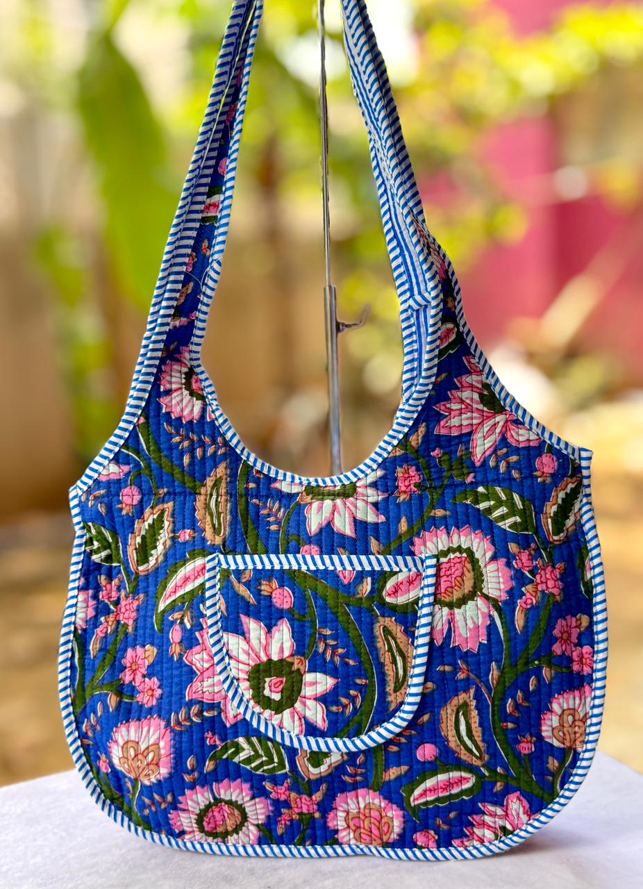 Blue Floral Printed Round Tote Bag