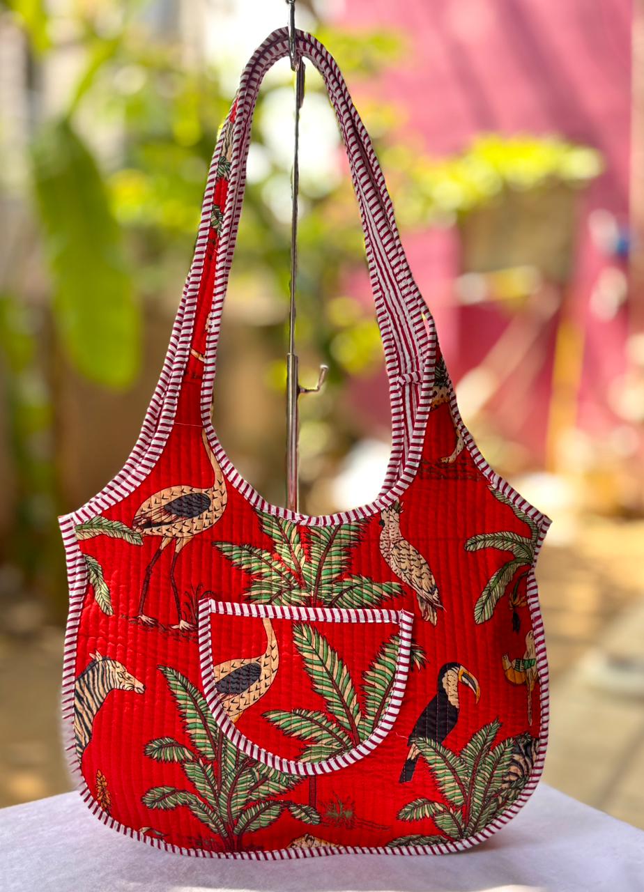 Red Floral Printed Round Tote bag