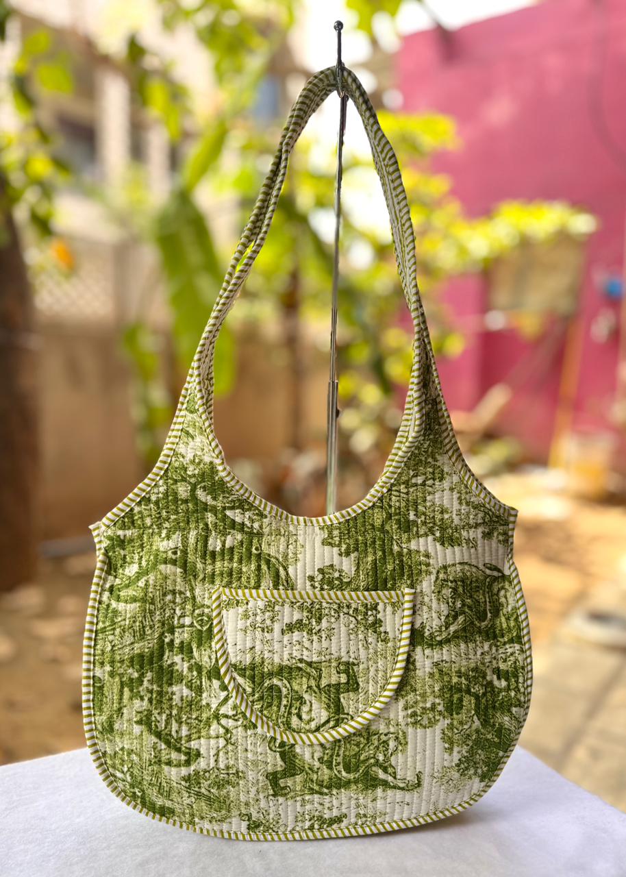Green Floral printed Round Tote Bag