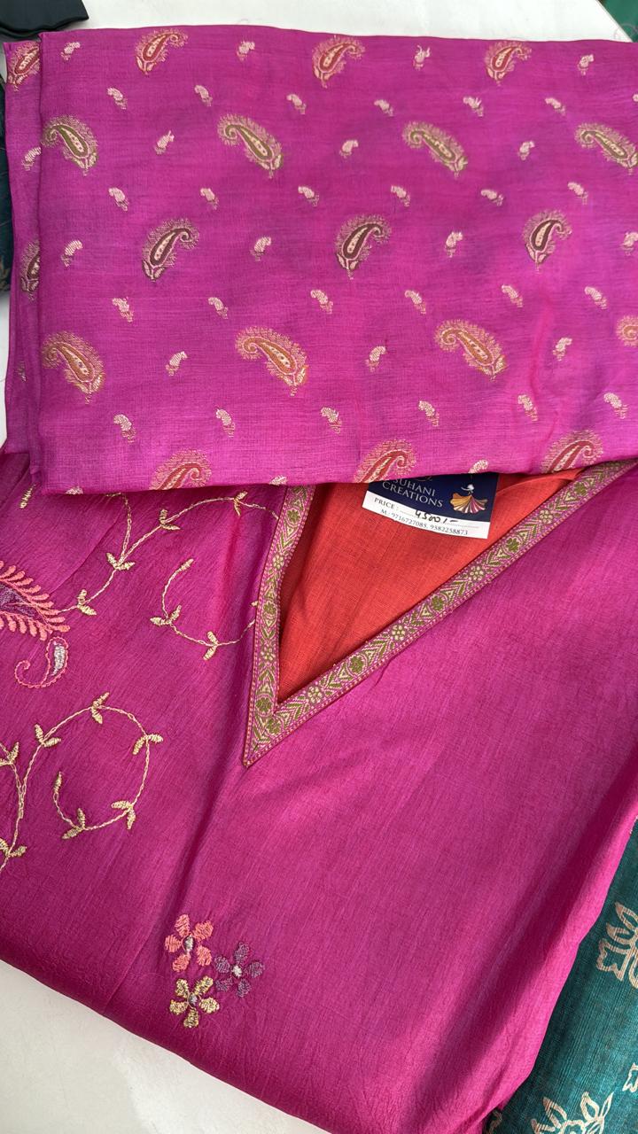 Silk Unstiched Embroided  Pink color suit