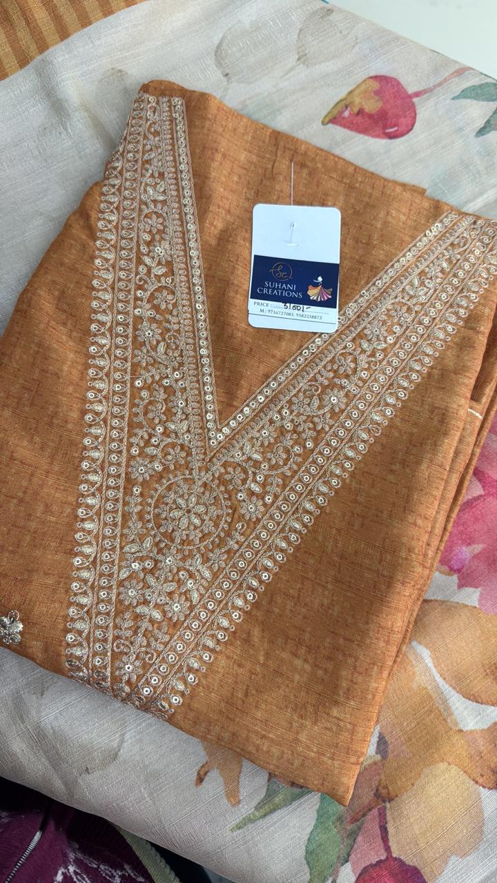 Silk unstiched mustard color dress material