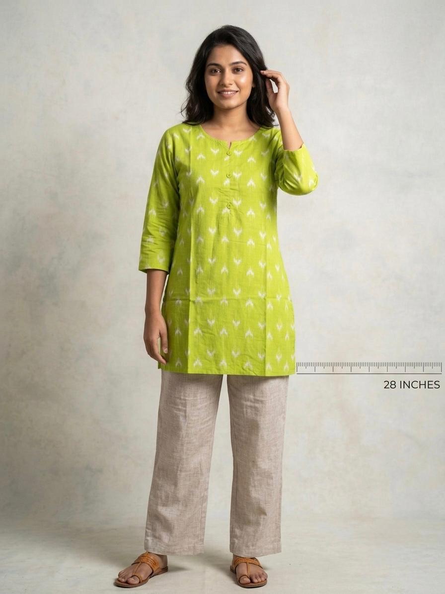 Green color ikkat printed cotton short kurti