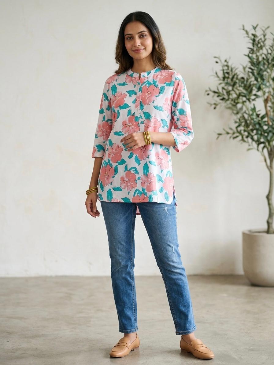 Floral printed cotton short kurti