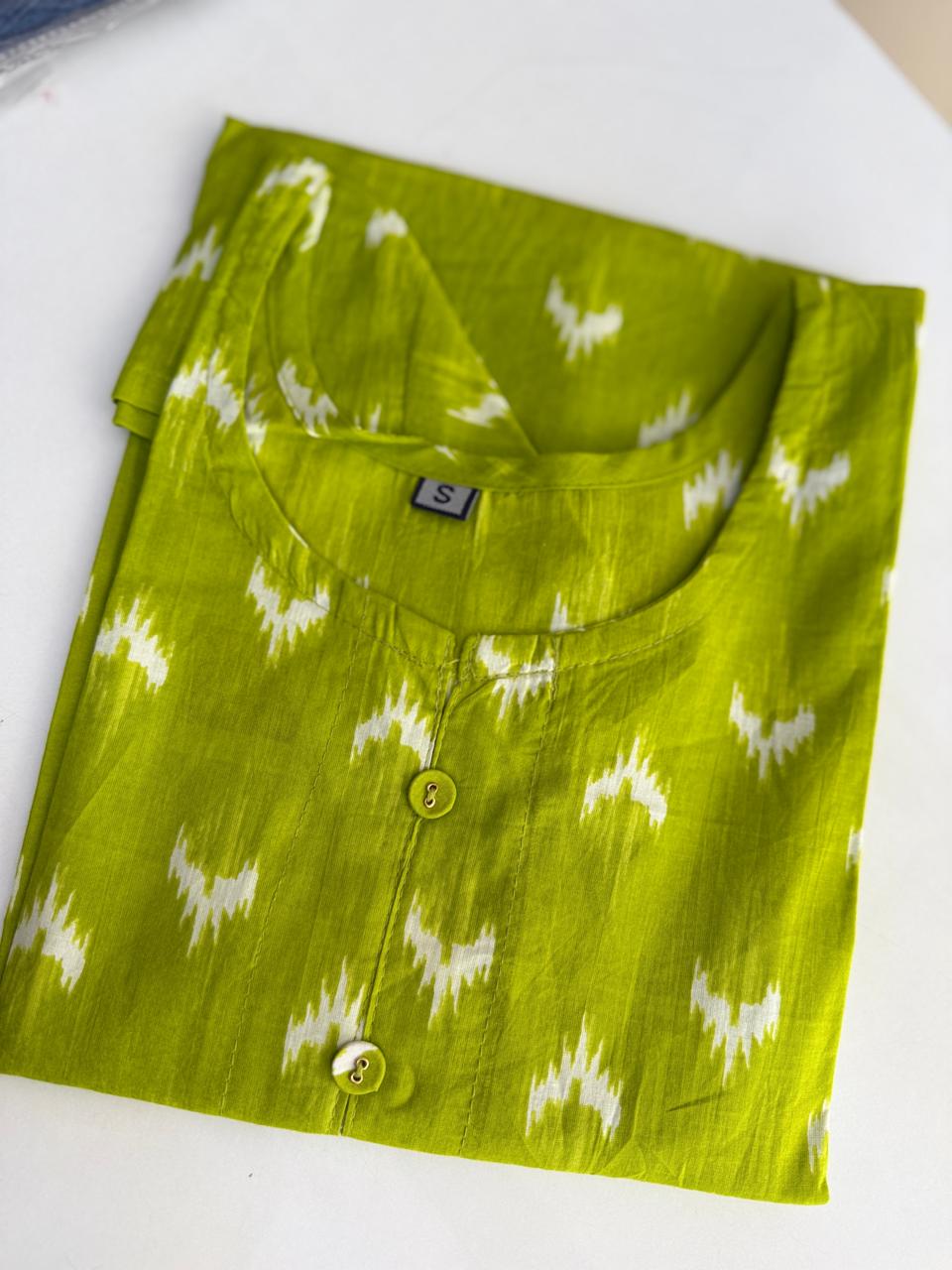 Green color ikkat printed cotton short kurti - Image 2