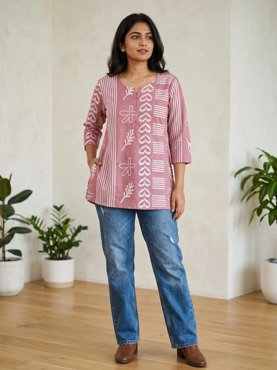 Pink color printed cotton short kurti