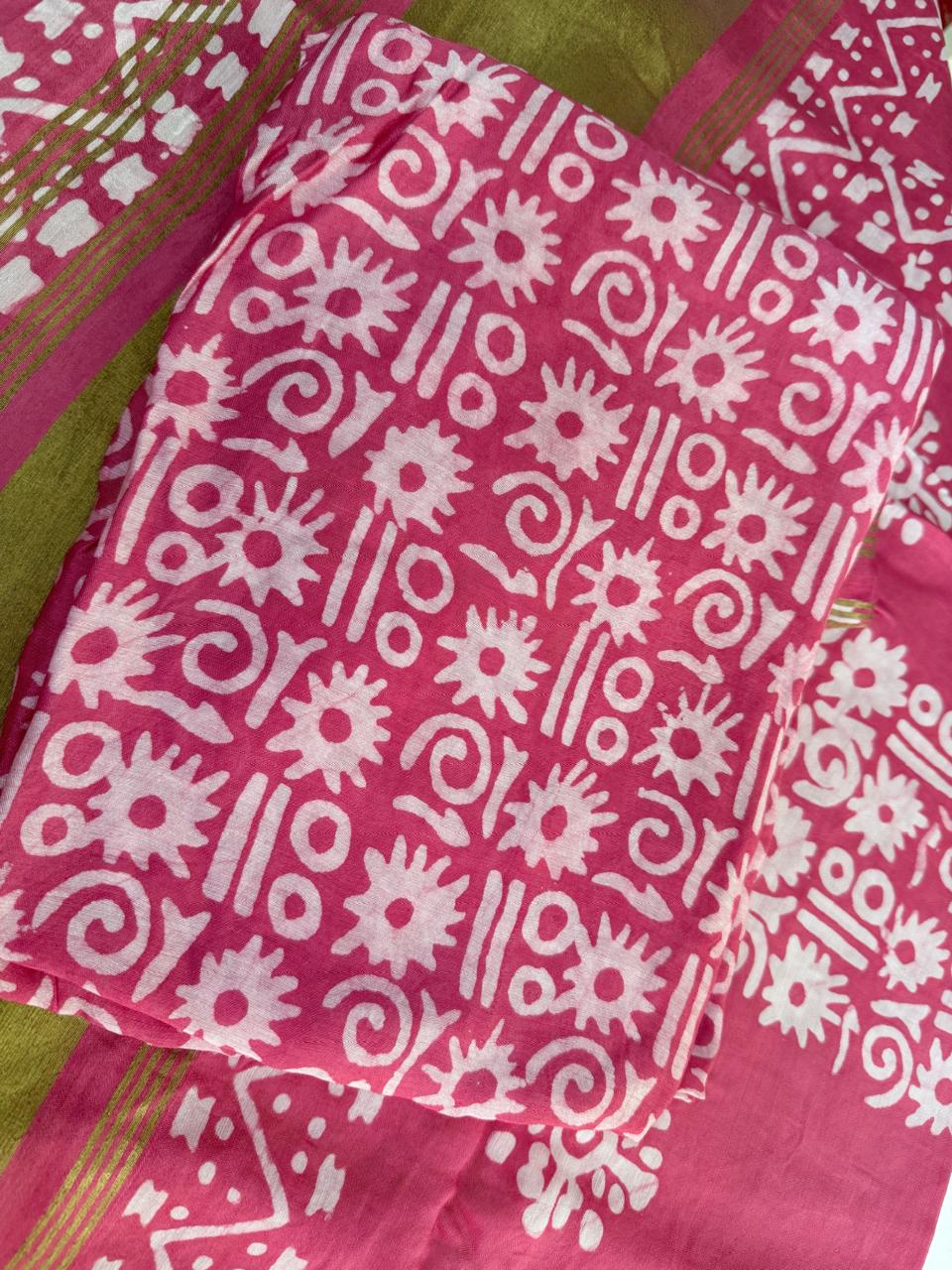 Batik print pink color cotton chanderi unstiched suit