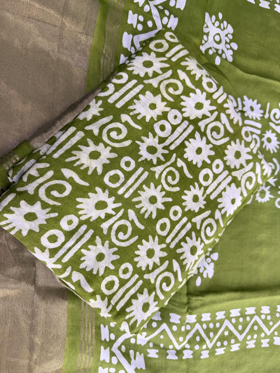 Batik print green color cotton chanderi unstiched suit