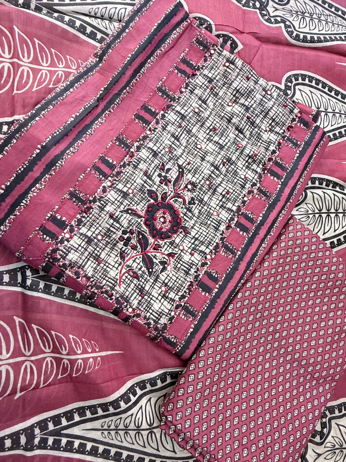 Mehroon Black thread Work Printed Cotton Suit