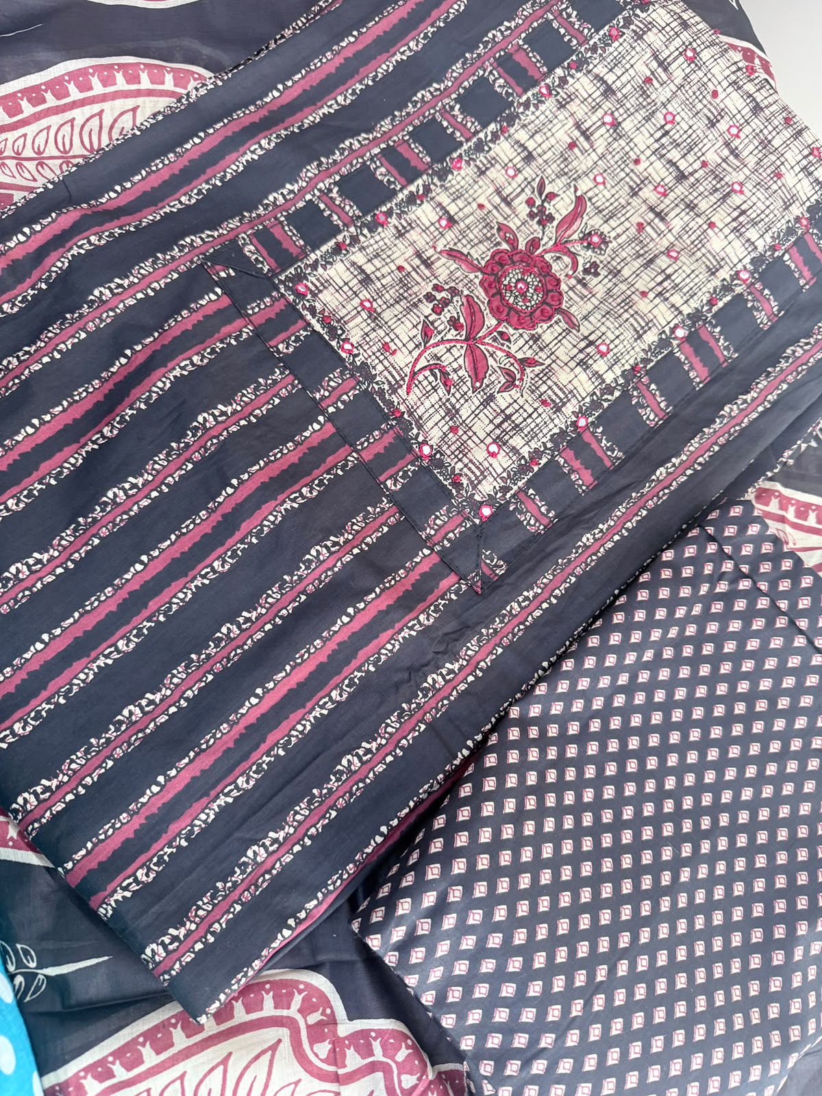 Black mehroon thread work printed Cotton Suit