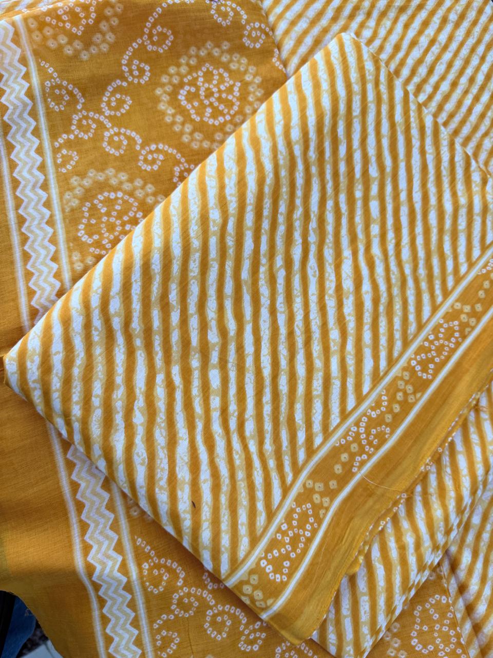 Yellow-Orange Lehriya Printed Cotton Suit