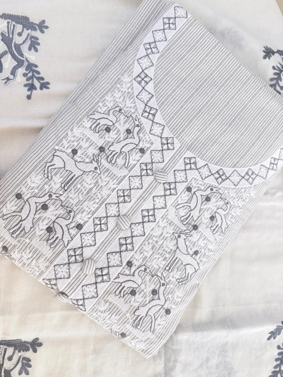 Handloom Grey and White embroidery Unstiched Cotton Suit