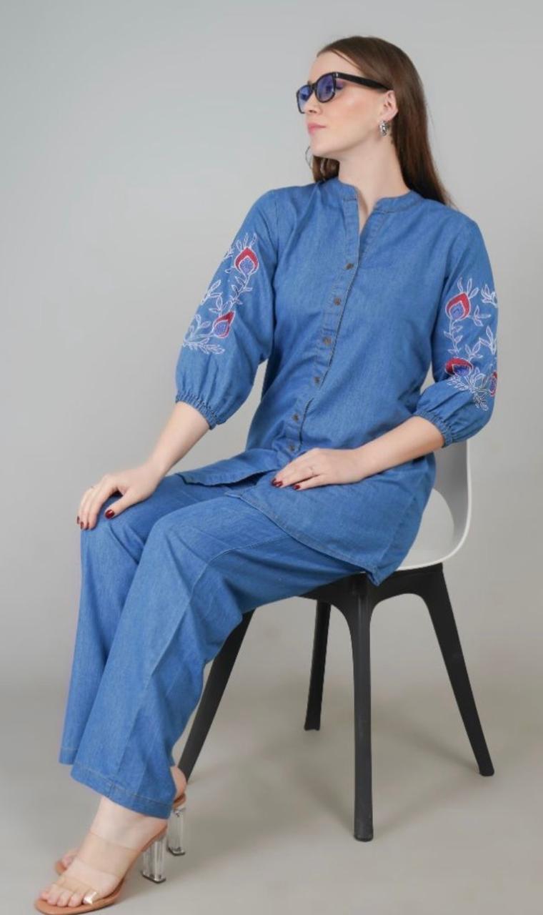 Embroidered Mandarin Collar Denim Shirt & Trousers Co-ords - Image 2