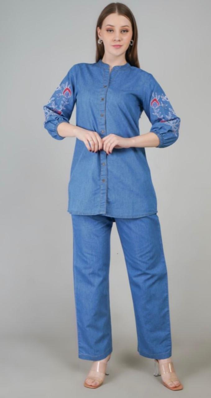 Embroidered Mandarin Collar Denim Shirt & Trousers Co-ords