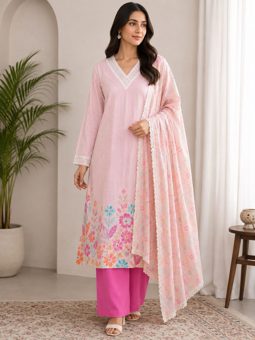 Pastel Pink Floral Printed Suit Set