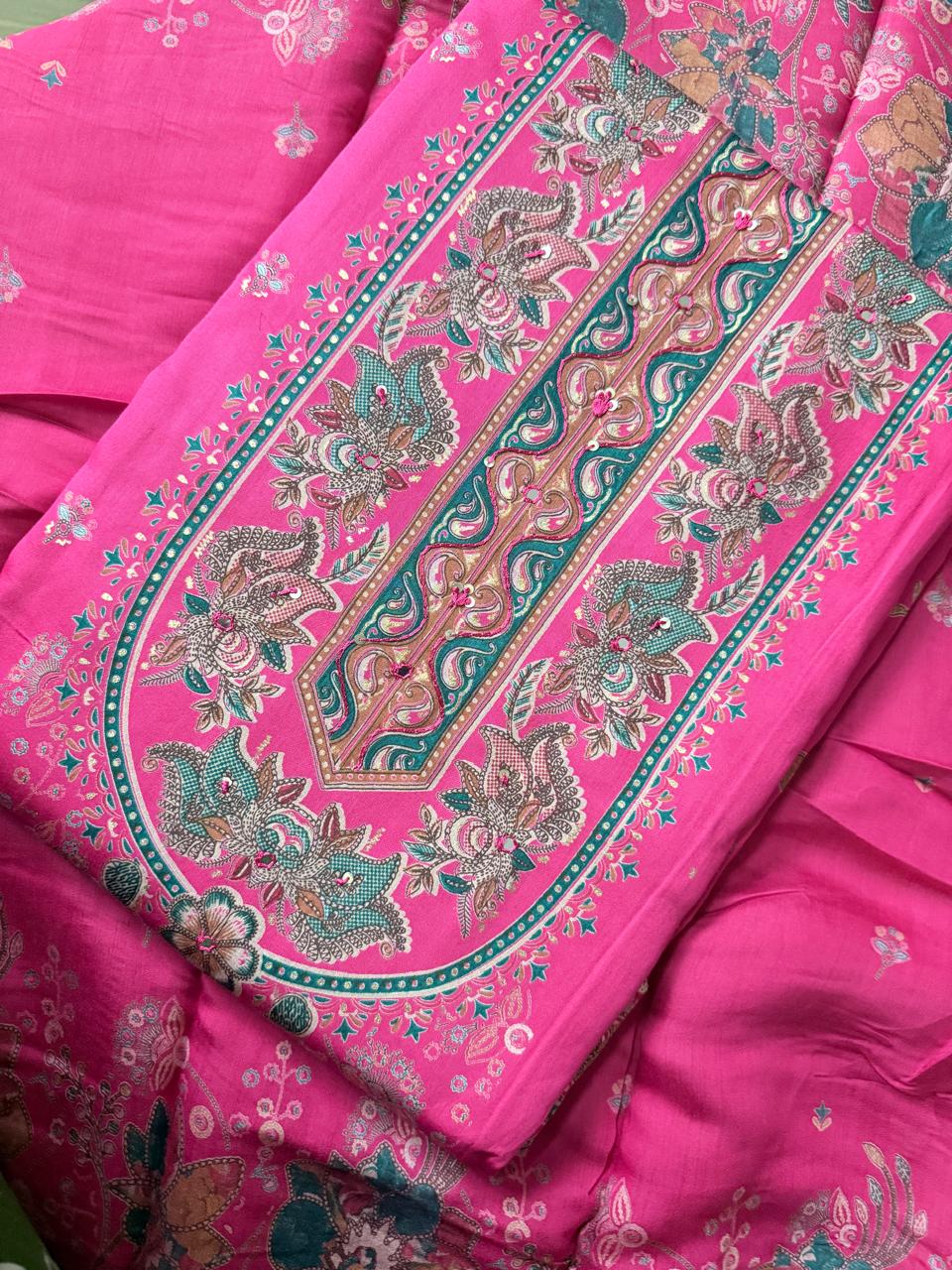 Pink Cotton Satin Discharge Print with hand work - Image 2