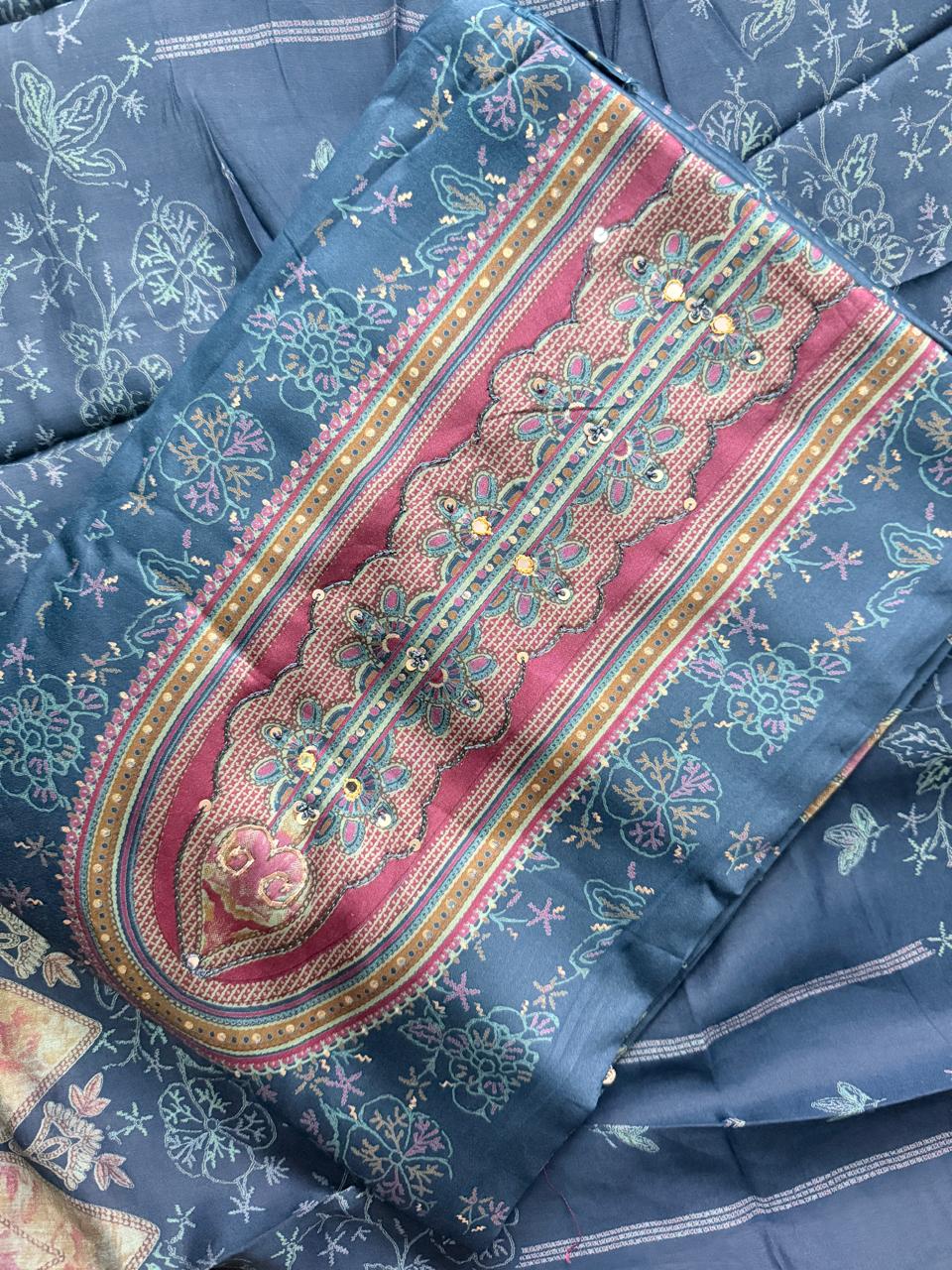 Blue Cotton Satin Discharge Print with Hand Work