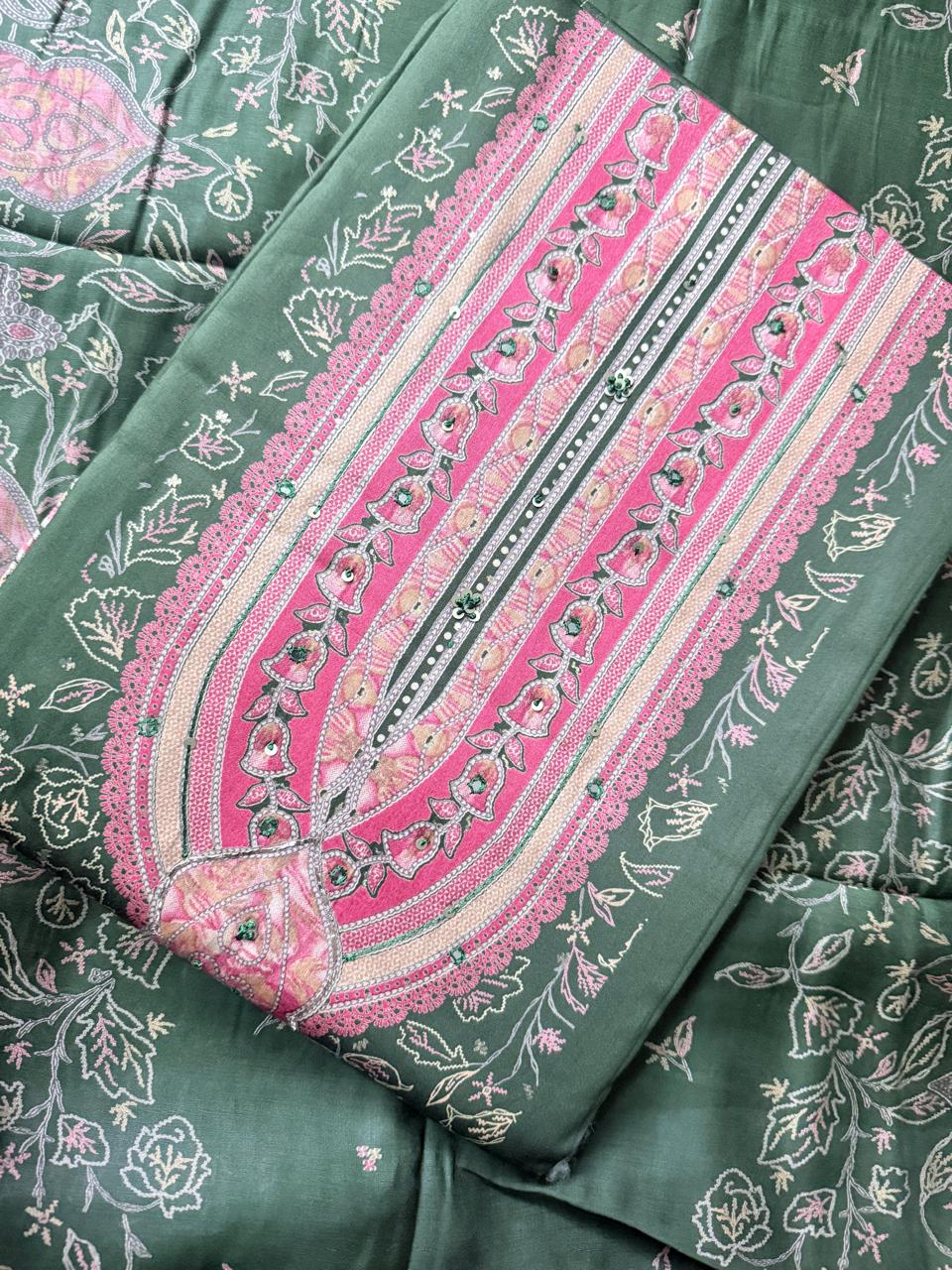 Green Cotton Satin Discharge Print with Hand Work