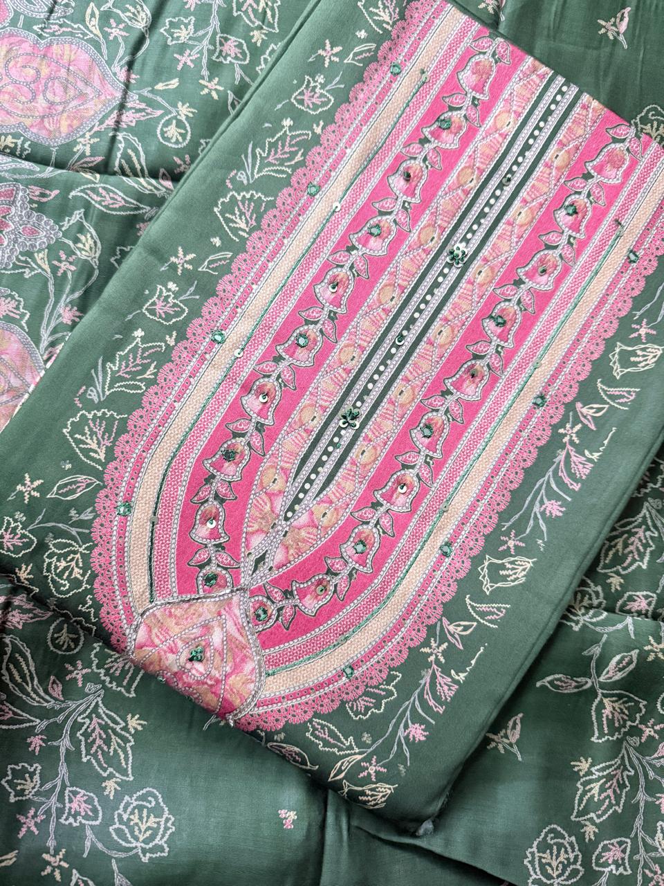 Green Cotton Satin Discharge Print with hand work - Image 2