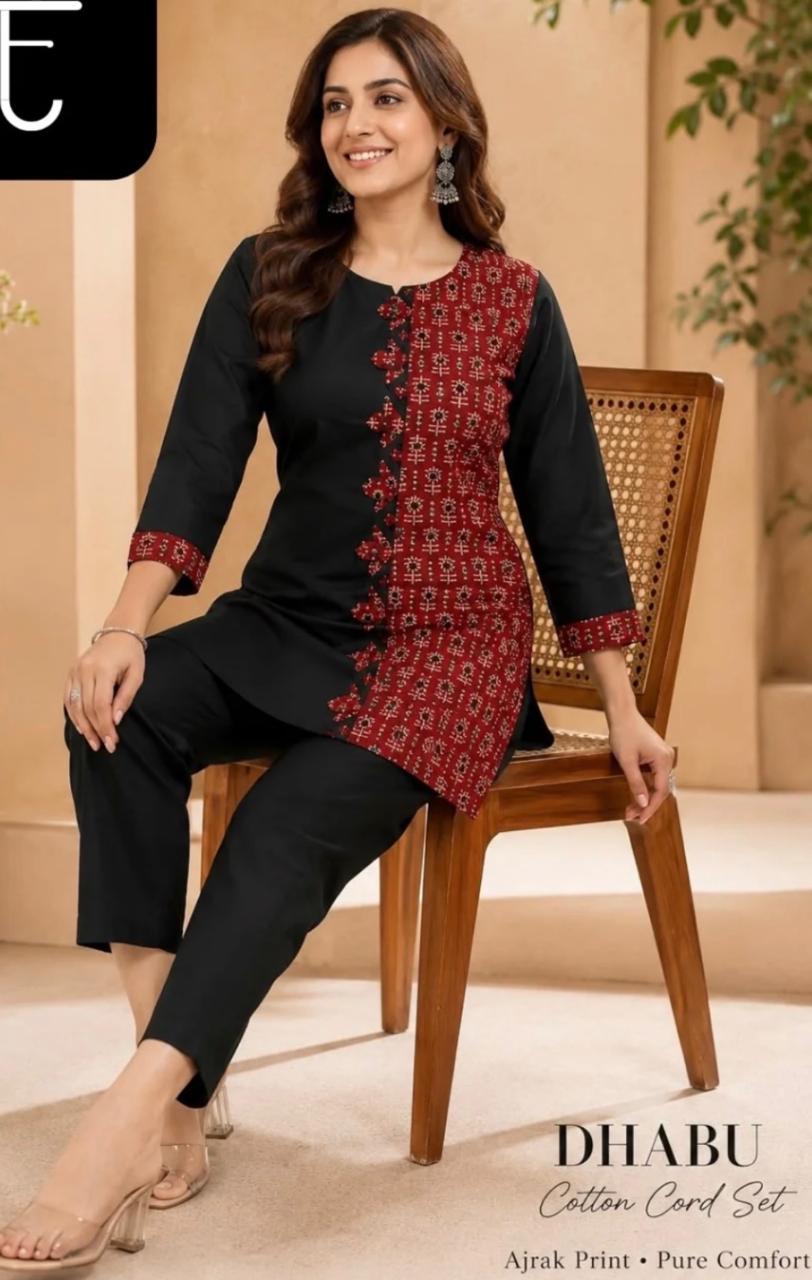 Black Maroon Ajrak Print Cotton Coord Set