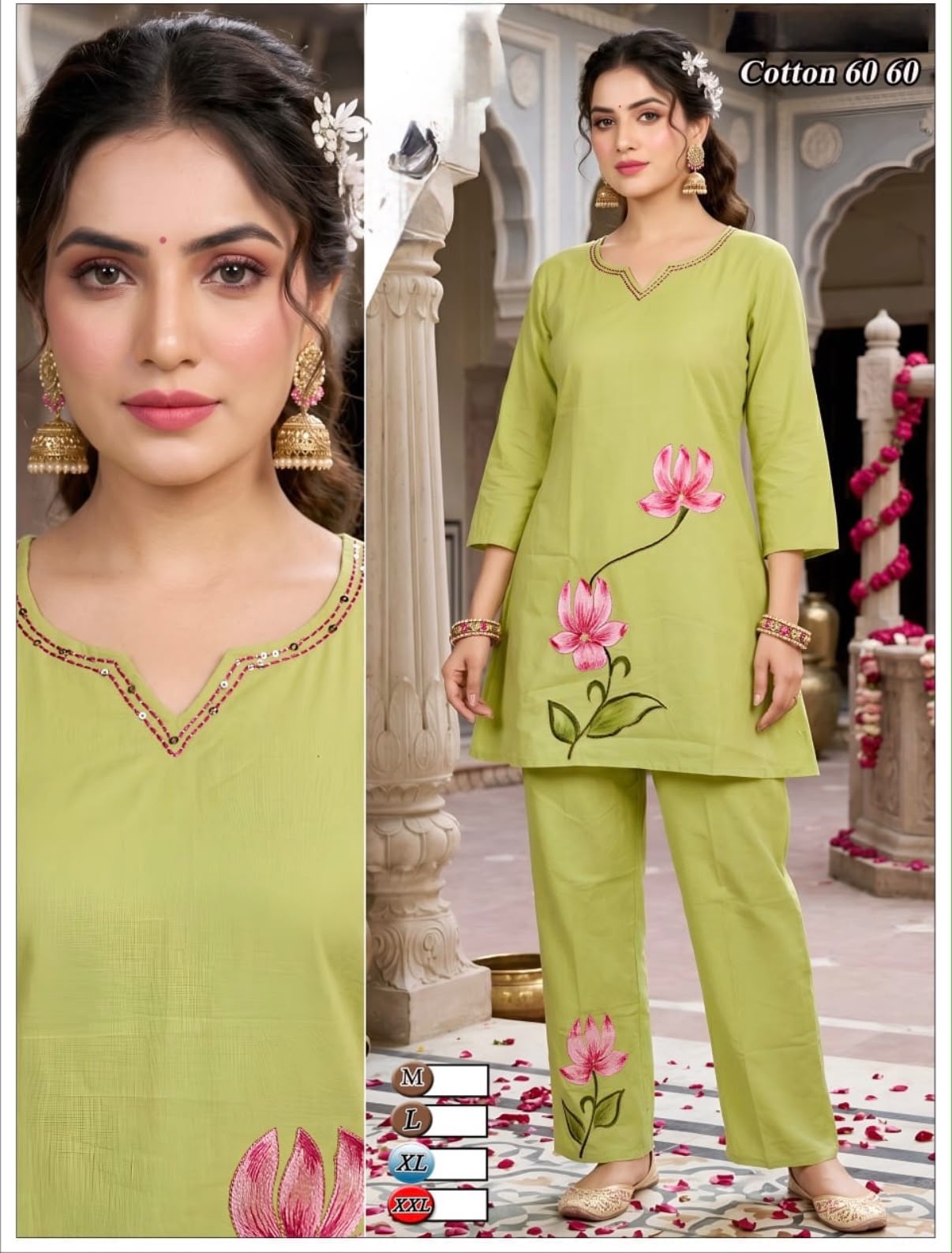 Lime Green Cotton Floral Embroidered Kurta Set