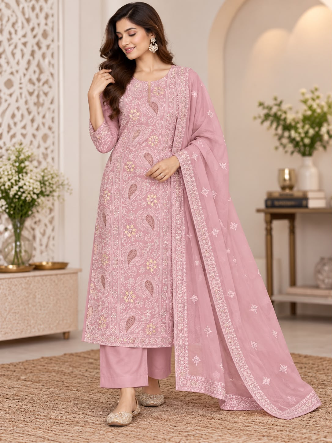 Dusty Pink Georgette Suit with Foil Work